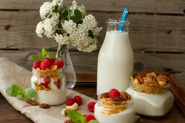 Joghurt zum Frühstück mit Nüssen, Himbeeren und Milch. — Stockfoto