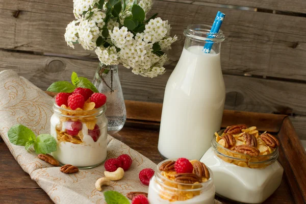 Joghurt zum Frühstück mit Nüssen, Himbeeren und Milch. — Stockfoto