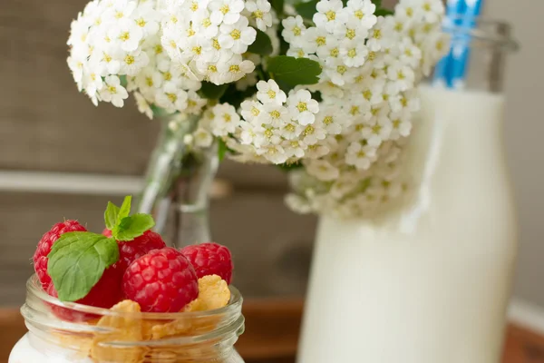 Yogurt a colazione con noci, lamponi e latte . — Foto Stock