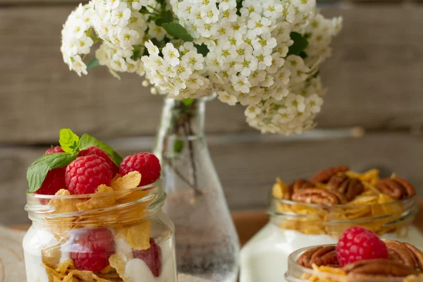 Yogurt a colazione con noci, lamponi e latte . — Foto Stock