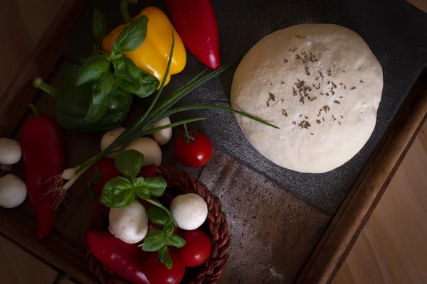 Food pizza tomato mushrooms onion pepper — Stock Photo, Image