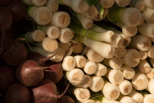 Entire harvest beets and onions at the farmers market — Stock Photo, Image