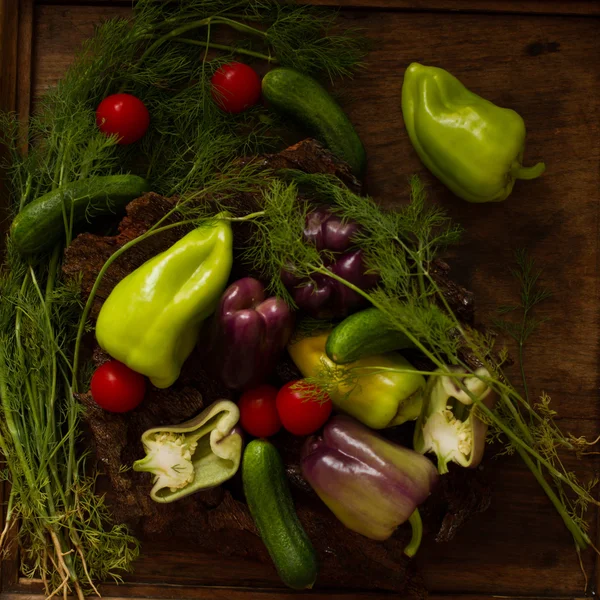ディルのキュウリとトマトと紫と緑のコショウ — ストック写真