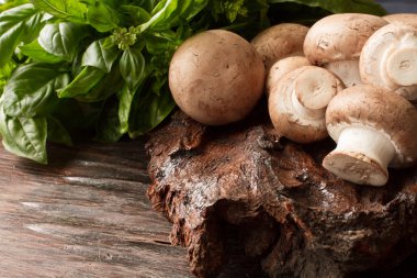 ahşap arka plan üzerinde çayır mantar mantar