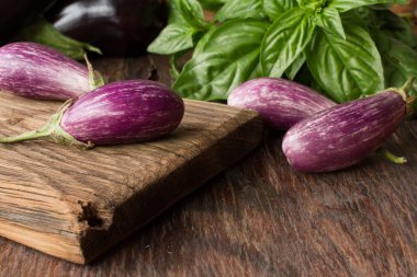 küçük patlıcan fesleğen siyah bir arka plan ile