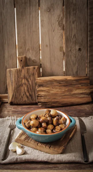 Funghi fritti con sale e pepe su fondo di legno — Foto Stock