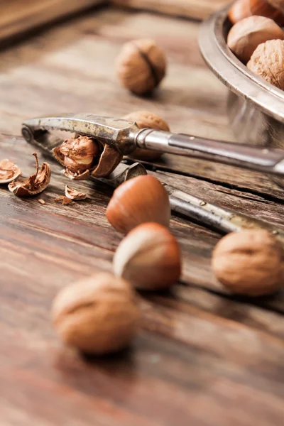 Mixture of nuts on metal plates with vintage orehokolom — Stock Photo, Image