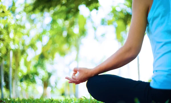 shots of young woman practicing yoga in nature. Sit on green grass at golden light at sunset . Communicate to exercise and maintain good health . Green color of the grass makes you feel fresh.
