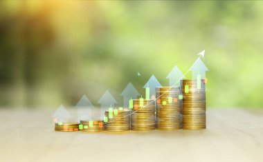 Yatırım konsepti, Fon tahvili, yerde büyüyen altın paralar. Servet büyüyen altın sikkeler grafik olarak sergilenir. Hisse senetlerinde para biriktirmenin gücünü gösterir.