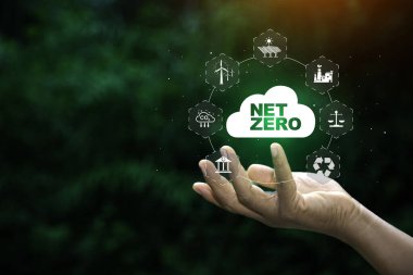 Net Sıfır Karbon Emisyon simgesi hazır. İnovasyon İlham Kavramı, 2050 yılında Net sıfır emisyon fikri yenilikçi karbon tarafsızlığı. Yeşil Arkaplan.