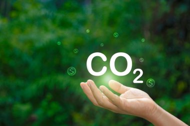 Karbon vergisi kavramını ve sürdürülebilir yeşil ekonominin desteklenmesindeki rolünü temsil eden CO2 vergi simgesiyle el ele tutuşan bir dijital arayüz.