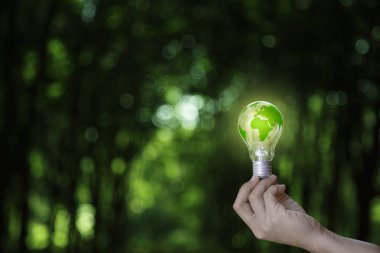 Yeşil enerji, ekolojik dünya günü konsepti. Doğanın yeşil arka planında bir ampul var. Yenilenebilir Enerji Sürdürülebilir Karbon Etkisizliği 2050. Çevre koruma, ağ sıfır emisyon.