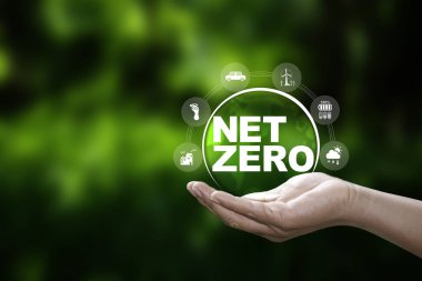 Sıfır noktası, karbon nötr kavramı. El 'deki Karbon İstihkakı Simgesi ve etrafında Yeşil Enerji ikonu. Yeşil Enerji Yenilenebilir. Net sıfır emisyon fikri yenilikçi