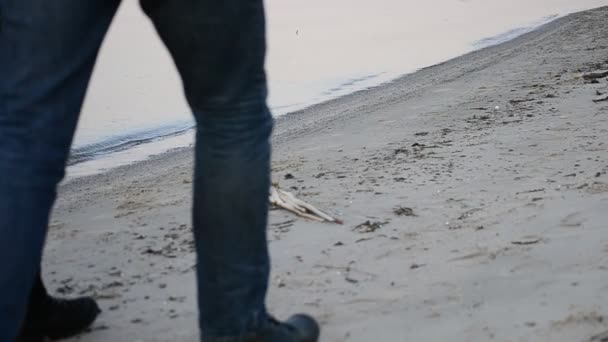 Στα πόδια του άνδρα και γυναίκα που περπατά στην παραλία βήμα βήμα — Αρχείο Βίντεο