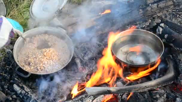 Ovesná kaše a zahřívací voda při otevřeném ohni — Stock video