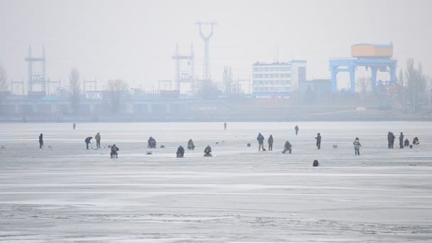 Pescadores de inverno ângulo no gelo no fundo da usina — Vídeo de Stock