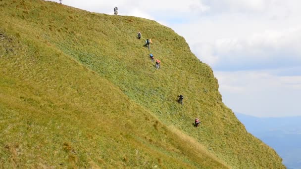 People with rucksacks climb a hill in Carpathians, Ukraine — Stock Video