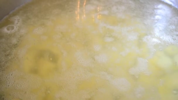 Water begint aan de kook in een pan met aardappel stukjes binnen — Stockvideo