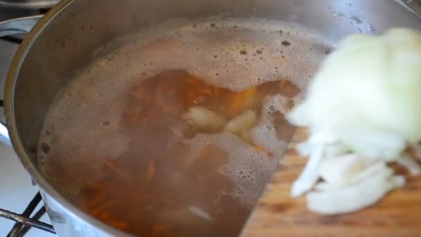 Añadir cebolla en rodajas en una cacerola con sopa de trigo sarraceno hirviendo — Vídeos de Stock