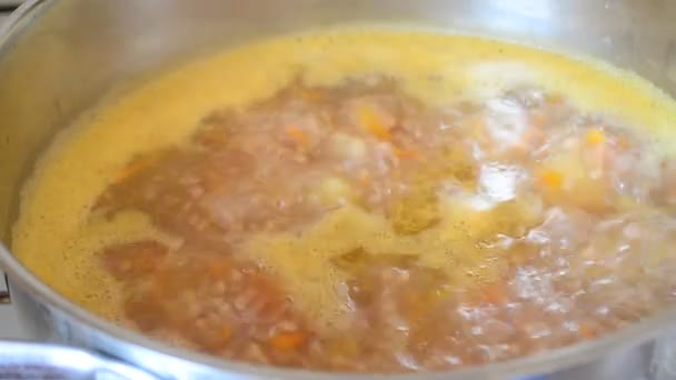 Verter el aceite en la sopa y revolverlo con una cuchara — Vídeos de Stock