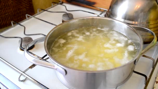 Time-lapse. Aardappel begint aan de kook in een pan met aardappel binnen — Stockvideo