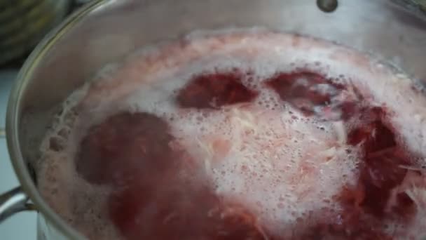 Saucepan with boiling borsch close up — Stock Video
