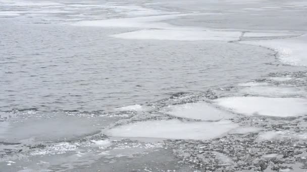 Water golven op deels bevroren meer met blokken ijs — Stockvideo