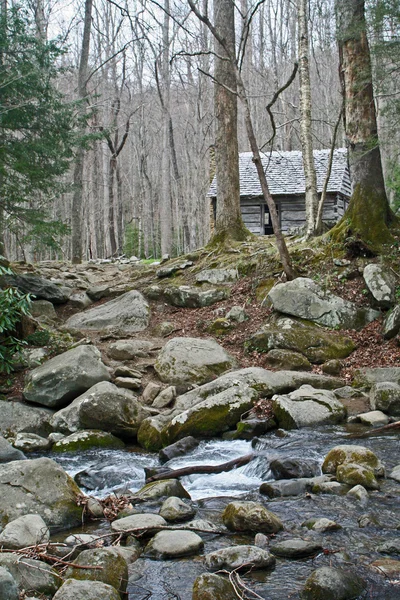 Log cabin door de beek — Stockfoto