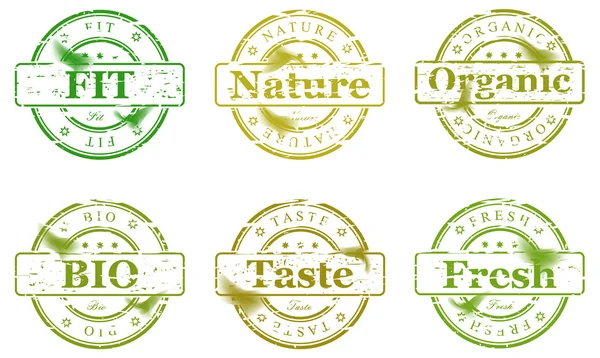 Green stamps with healthy words — Stock Vector