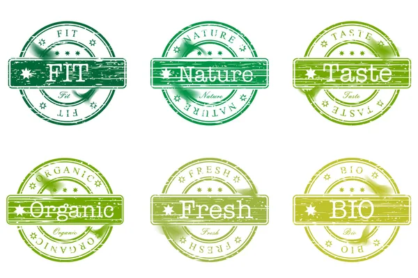 Set van postzegels met woorden bio, fit, natuur — Stockvector