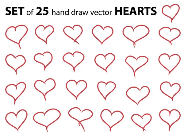 Set di 25 cuori mano disegnare — Vettoriale Stock