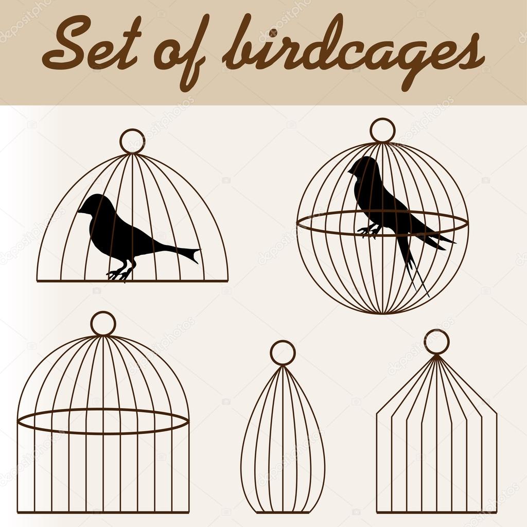 Set of birdcages with birds