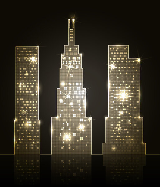 Three skyscrapers shining in dark