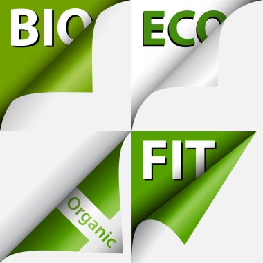 Yeşil kelimelerle dört kıvrılmış köşe