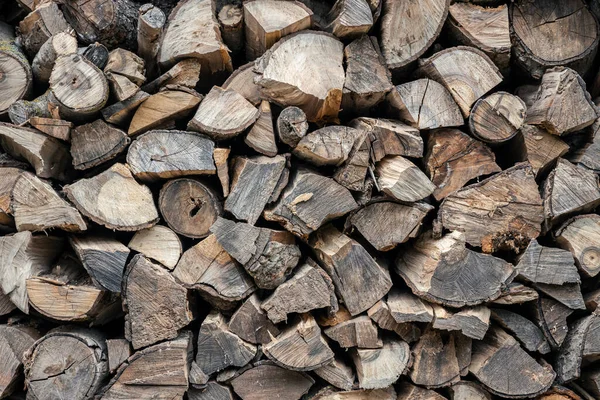 Bir gölgelik altında düzgünce istiflenmiş odun demetleri.