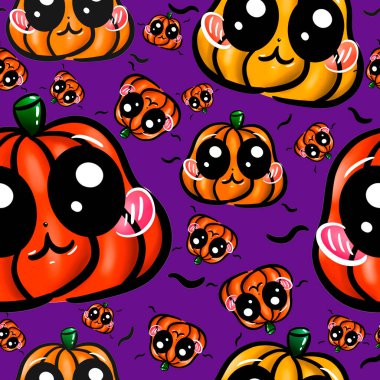 Cadılar bayramı için desen. Mor arkaplanda komik balkabakları