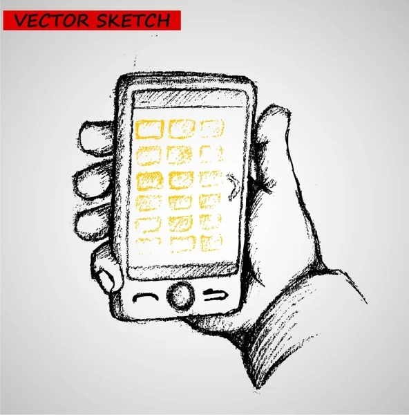 Yarım yamalak el smartphone kullanarak vektör çizimler çekilmiş — Stok Vektör