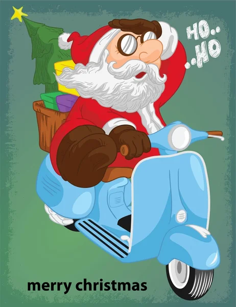 可爱的圣诞老人滑板车矢量卡通或精致贺卡 — 图库矢量图片