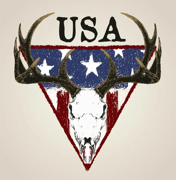 嘟嘟鹿头骨和孤立的 Grunge 美国国旗 — 图库矢量图片