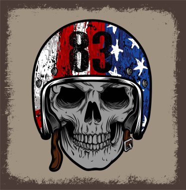 Retro kask ve Amerikan bayrağı ile kafatası. Ya da izole Grunge