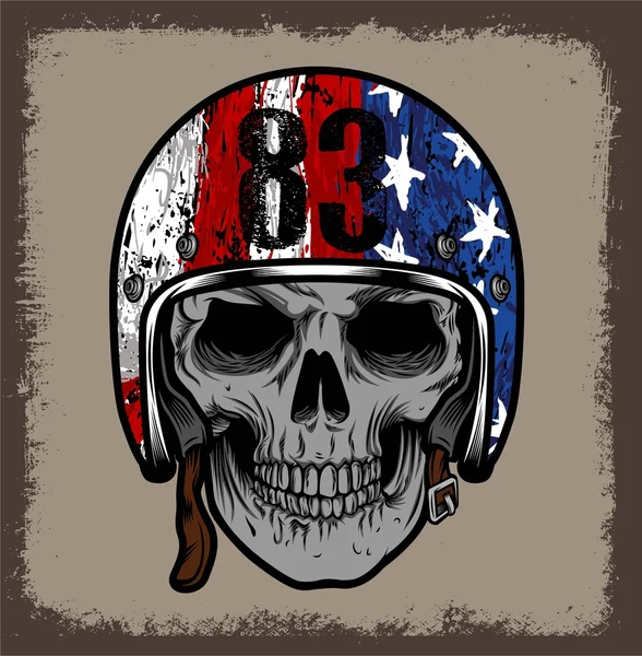 头骨与复古头盔和一面美国国旗。或孤立的油渍 — 图库矢量图片