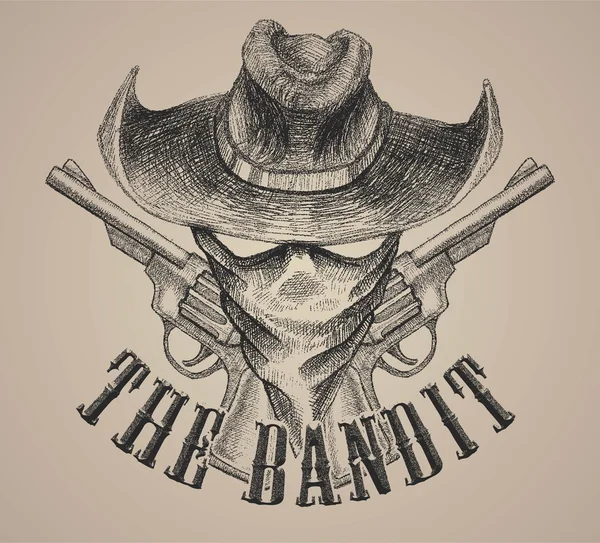 De bandit en revolver geweer doodle vector art print tees of poster en achtergrond — Stockvector