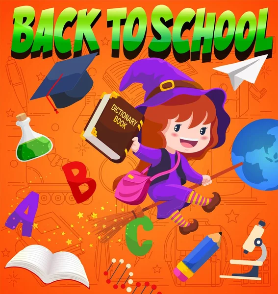 Cute Witch Flying Broomstick Back School Halloween Themed Illustration Vector Royalty Free Stock Vectors