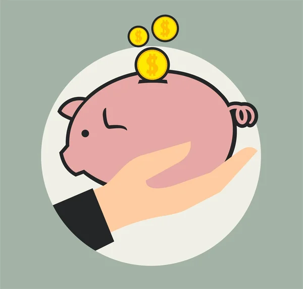 Piggy geld Bank.Flat pictogram met Hand — Stockvector