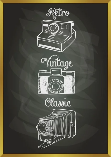 Hand drawn classic camera with blackboard background — Stock Vector