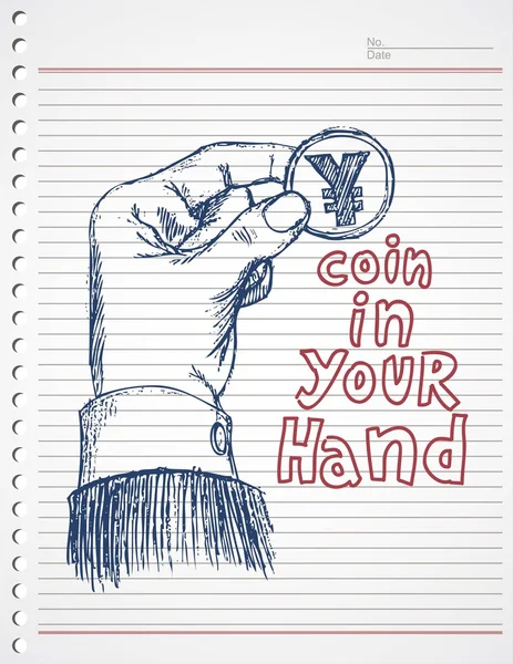 Doodle kezét és Jen érme — Stock Vector