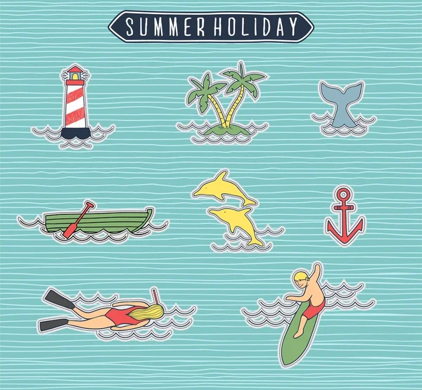 Sommerurlaub oder Strand Etikettenset — Stockvektor