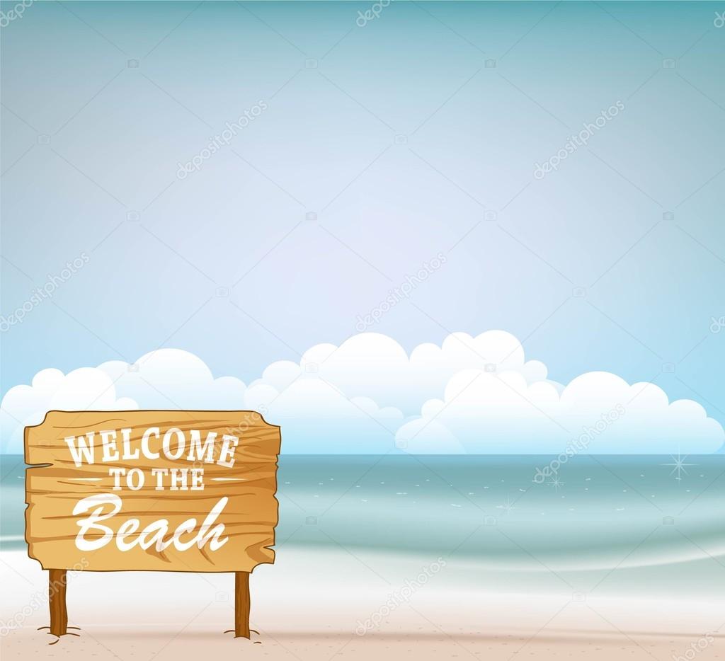 Blank wood as welcome sign and beach background