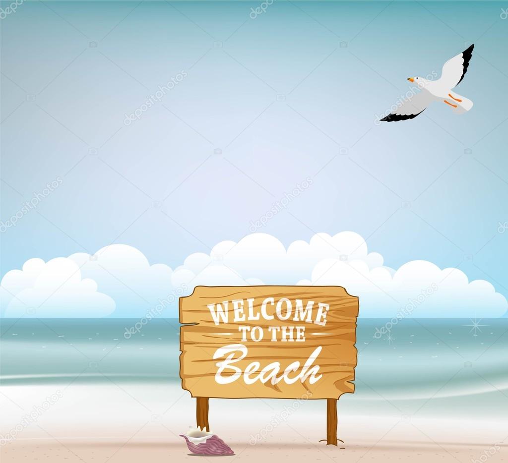 Blank wood as welcome sign on the beach