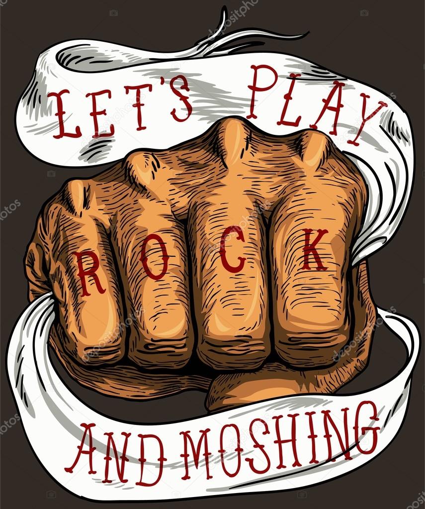 LET'S PLAY ROCK AND MOSHING.hand with old ribbon and rock tatto